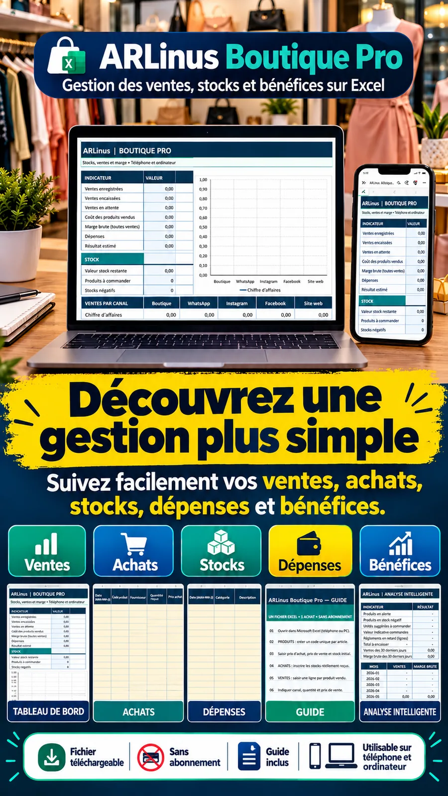 ARLinus Boutique Pro — Gérez vos ventes, stocks et bénéfices sur Excel